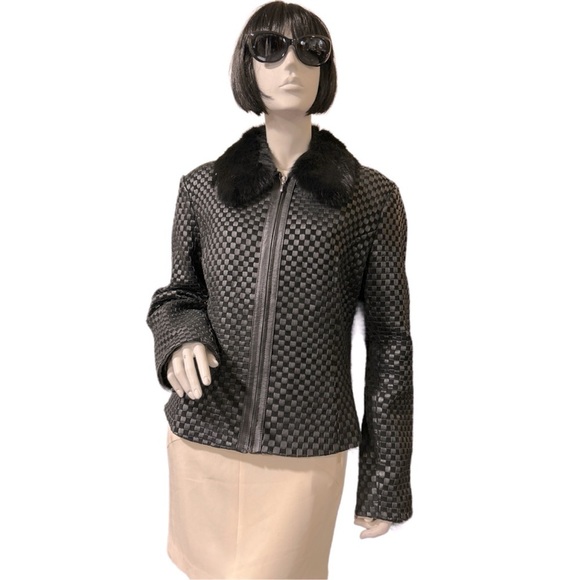 Neiman Marcus Woven Black Leather & Suede Fur-Trimmed Jacket - Picture 1 of 6